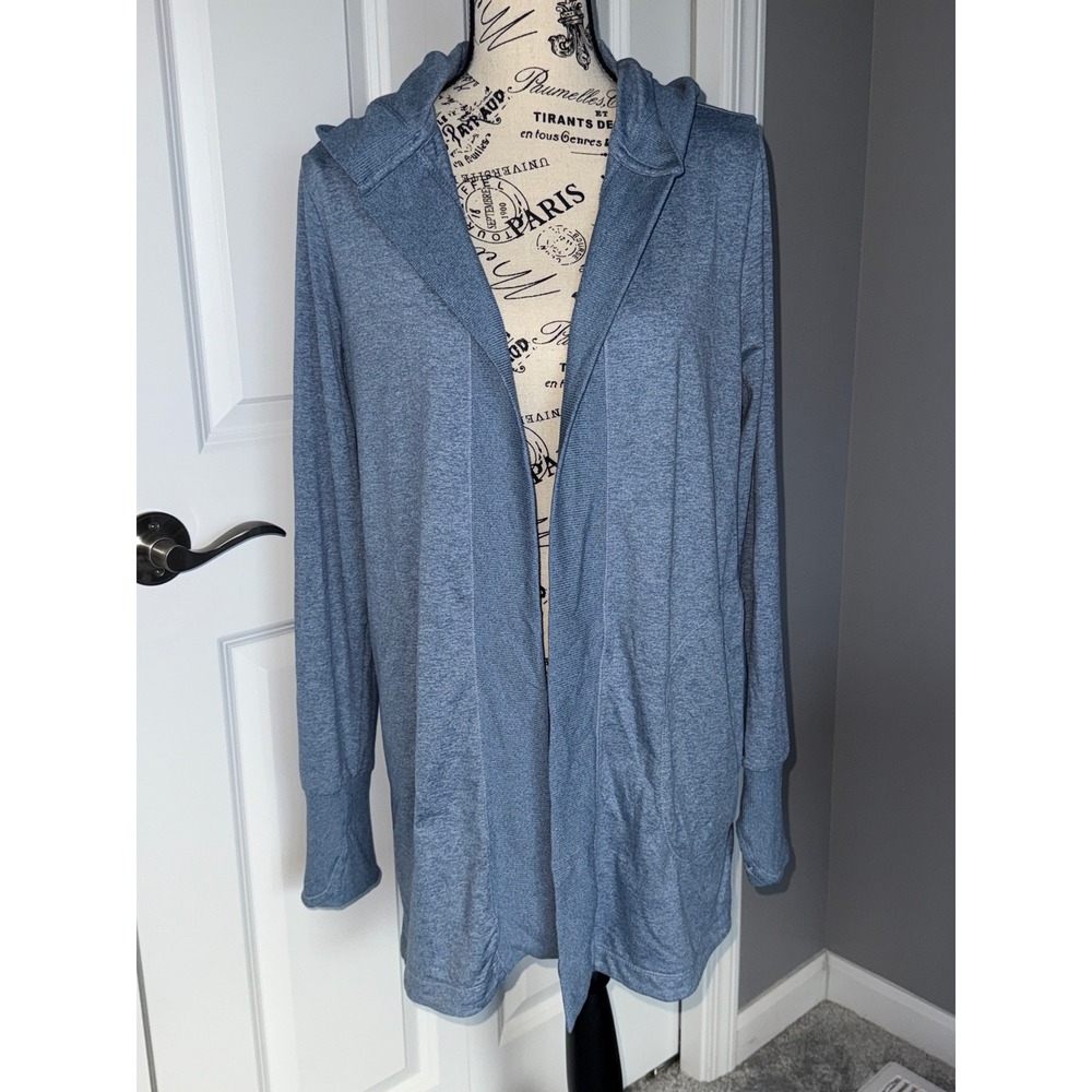 Athleta Uptempo Wrap Cardigan Heather Blue Hooded Open Front Thumbhole Womens M
